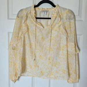 Rebecca Taylor Yellow Floral Ruffle Long-Sleeve Blouse